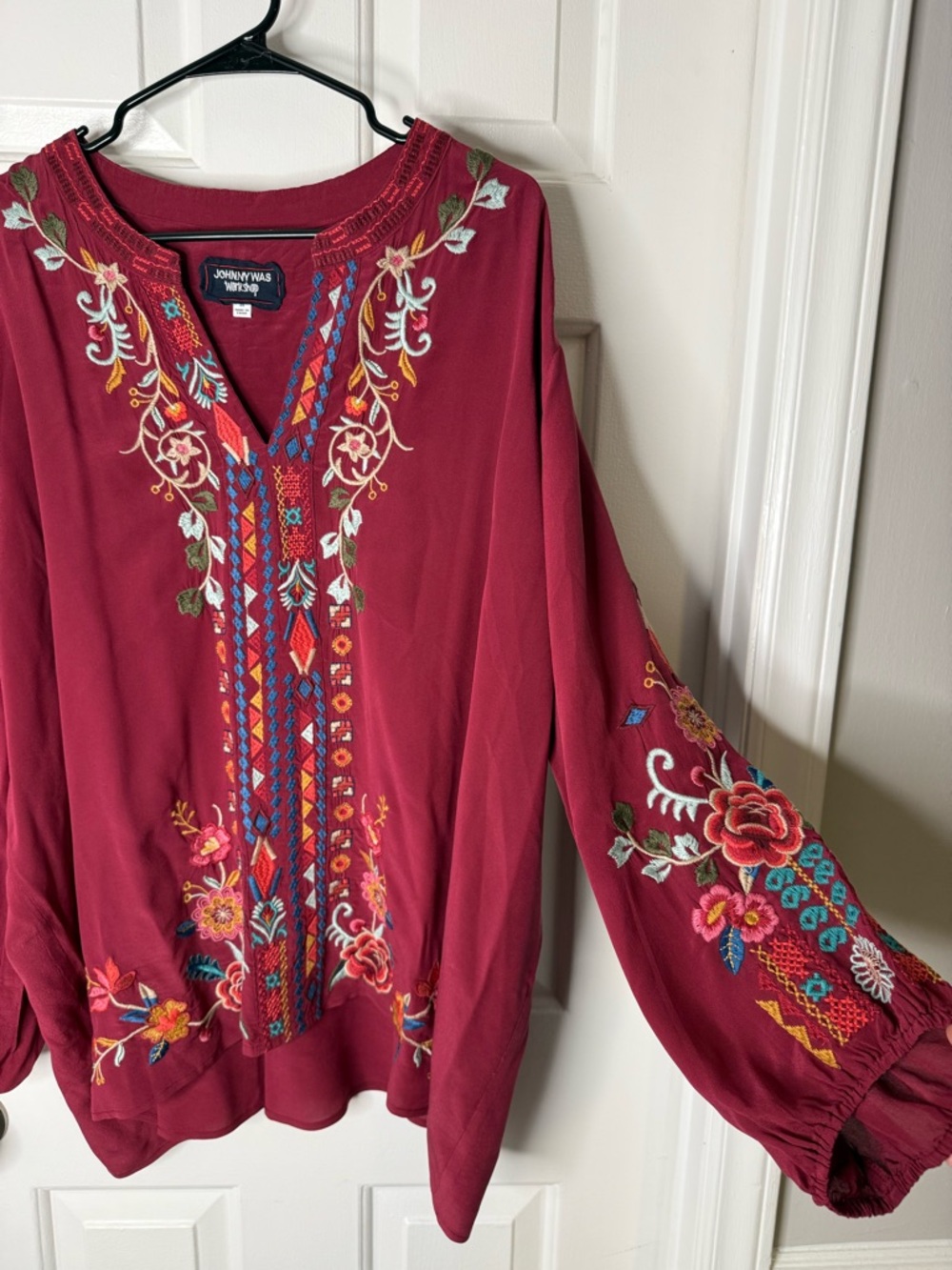Johnny Was Burgundy Embroidered V-Neck Boho Tunic - Picture 3 of 5